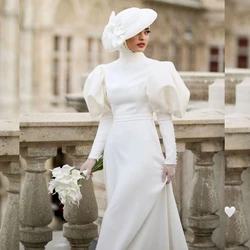 Vintage Muslim Wedding Dresses for Bride High Neck Gigot Sleeve Sweep Train Simple Bridal Gown Customized vestidos de novia