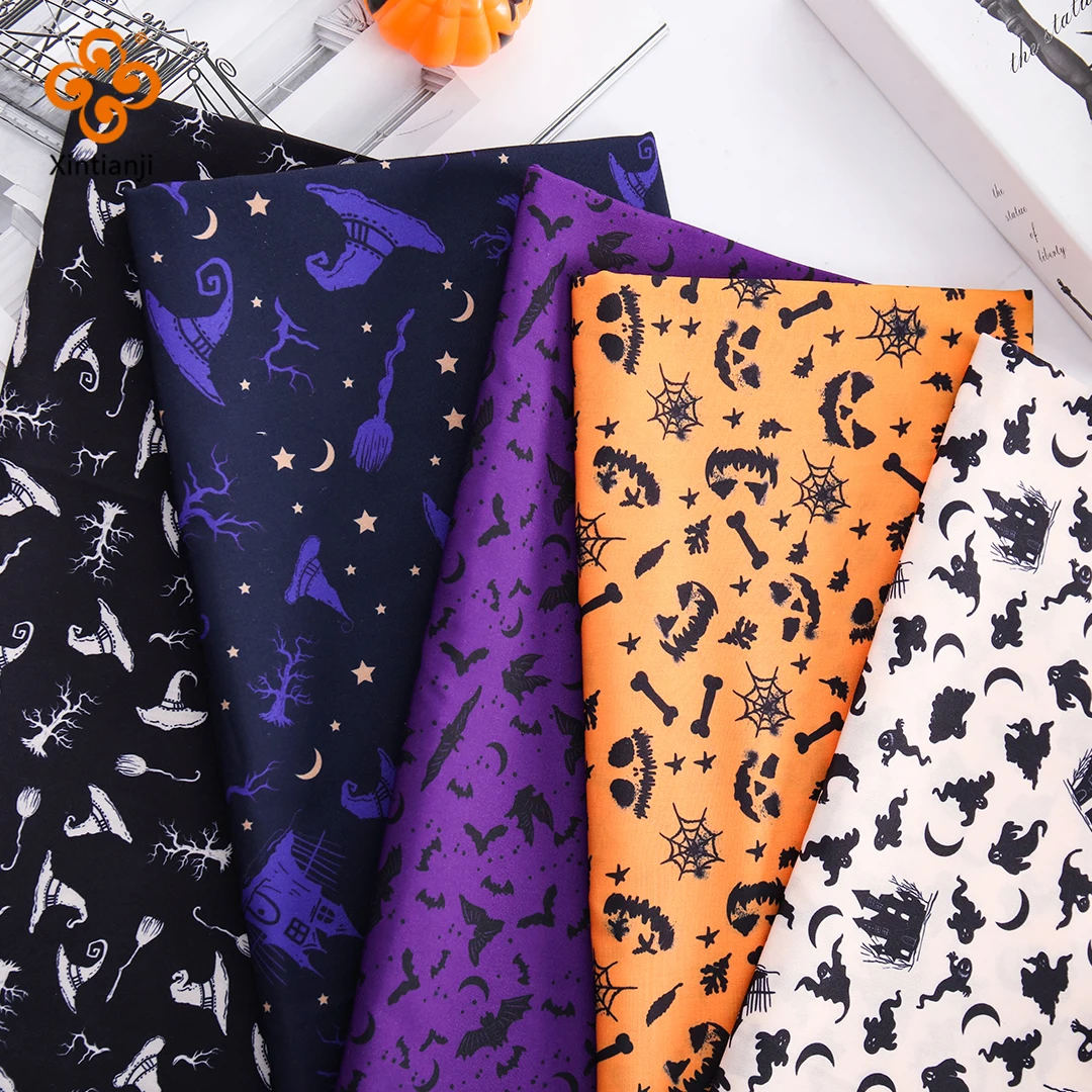 

0.5/1/3/5m Halloween Fabric Orange Polycotton Holiday Decor Material Trick or Treat Fabric Bat,Ghost,Witch Hat Pattern Cloth