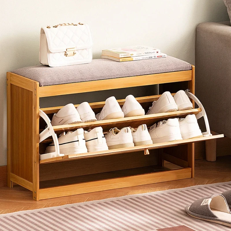 Natural Bamboo Shoe Cabinet Stool Soft Cushion Changing Shoe Stool Practical Tipping Bucket Storage Bench Entryway