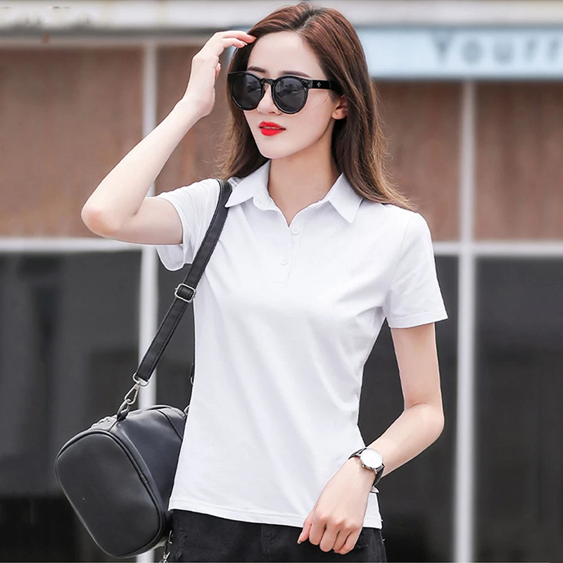 

New Women Summer Short Sleeve Polo Shirt Simplicity Button Turn-down Collar Slim Cotton T-shirt Plus Size Casual Tees Tops