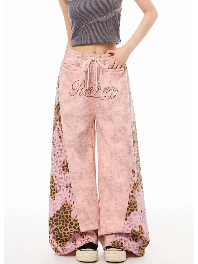 American Leopard Patchwork Pant Women Streetwear Hip Hop Retro Loose Y2K Trousers Fall Winter Bf Pockets Harajuku Letter Pants