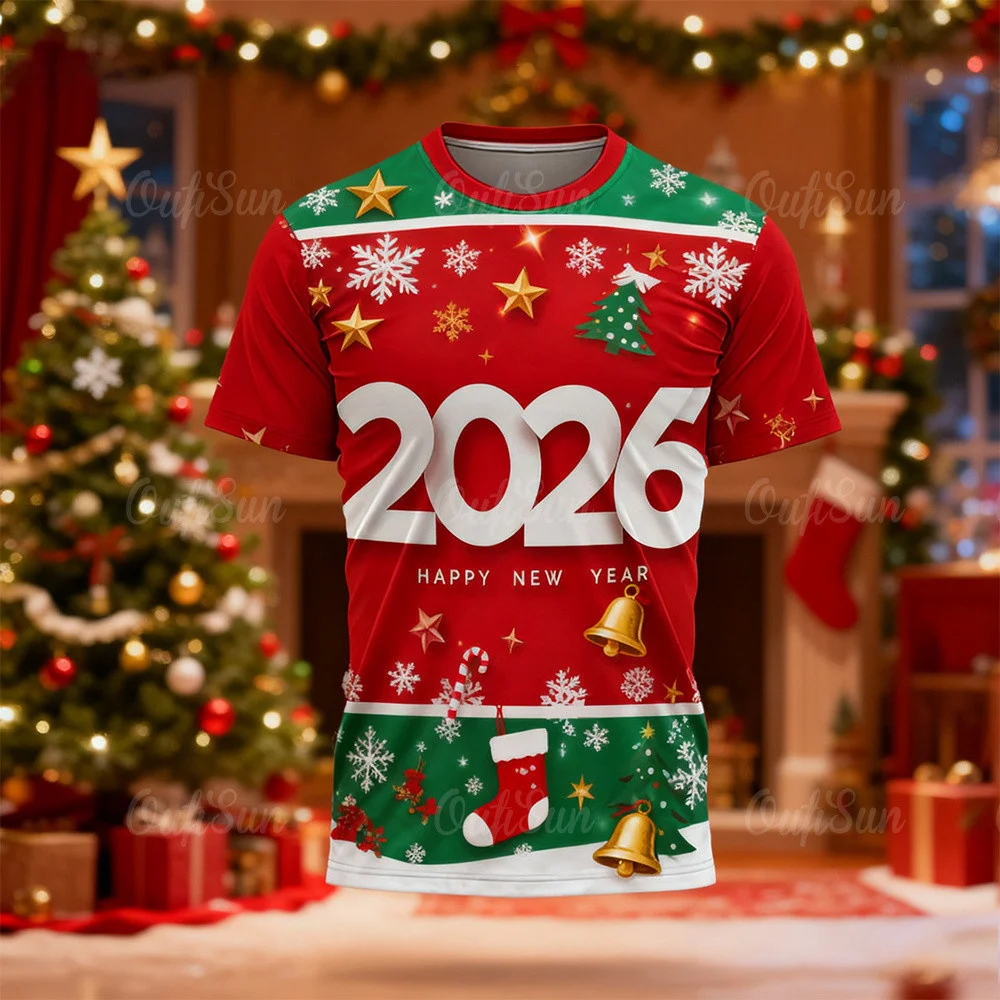 2026 New Year Red T-shirt Unique Sublimation Snow Christmas New Year Viral Holiday Family Clothes Round Neck Short Sleeve Tee