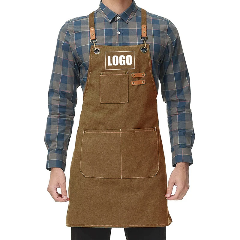 Custom Embroidery Logo Kitchen Men and Women Chefs Cooking Baked Milk Tea Shop Barista Barbecue Overalls Waterproof Canvas Apron