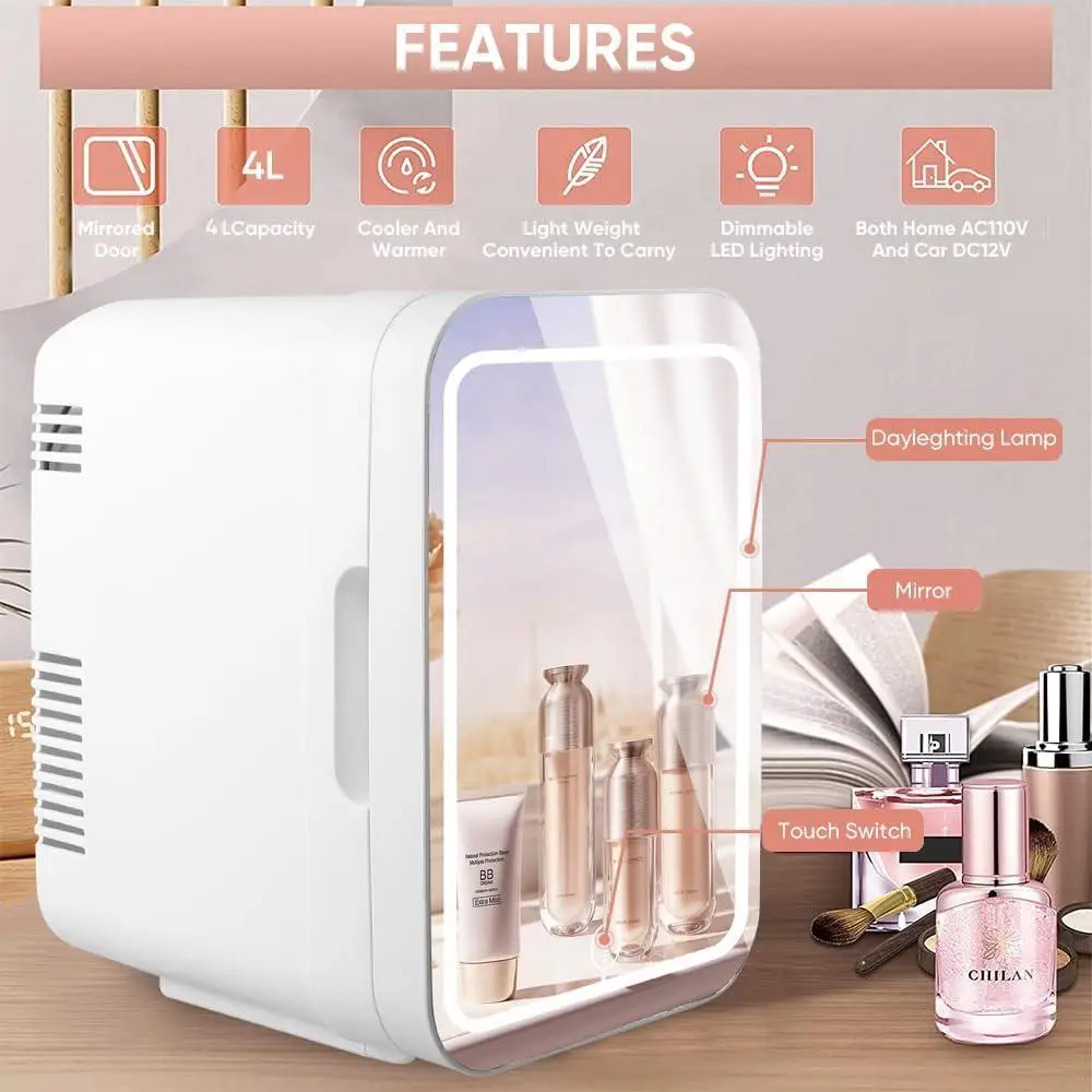 Mini Skincare Fridge Portable Cosmetic Fridge Makeup and Skin Care Storage Whisper-Quiet LED Light Ideal Office Bedroom Car