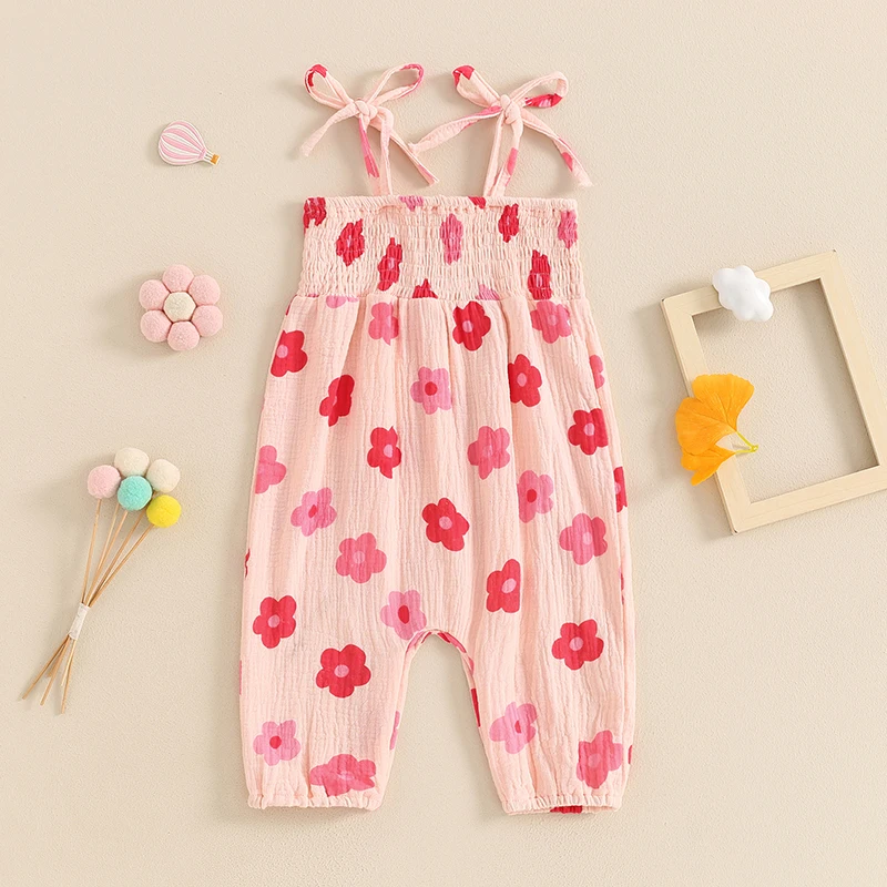 Baby Girl Romper Flower Print Shirred Square Neck Tie-Up Spaghetti Straps Jumpsuit Toddler Summer Overalls