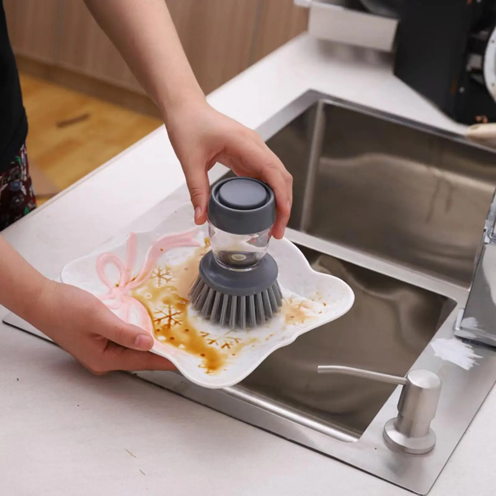 Cepillo de limpieza de cocina 2 en 1, dispensador de jabón, herramienta de lavado de platos, mango de fácil uso, herramienta de limpieza de cocina