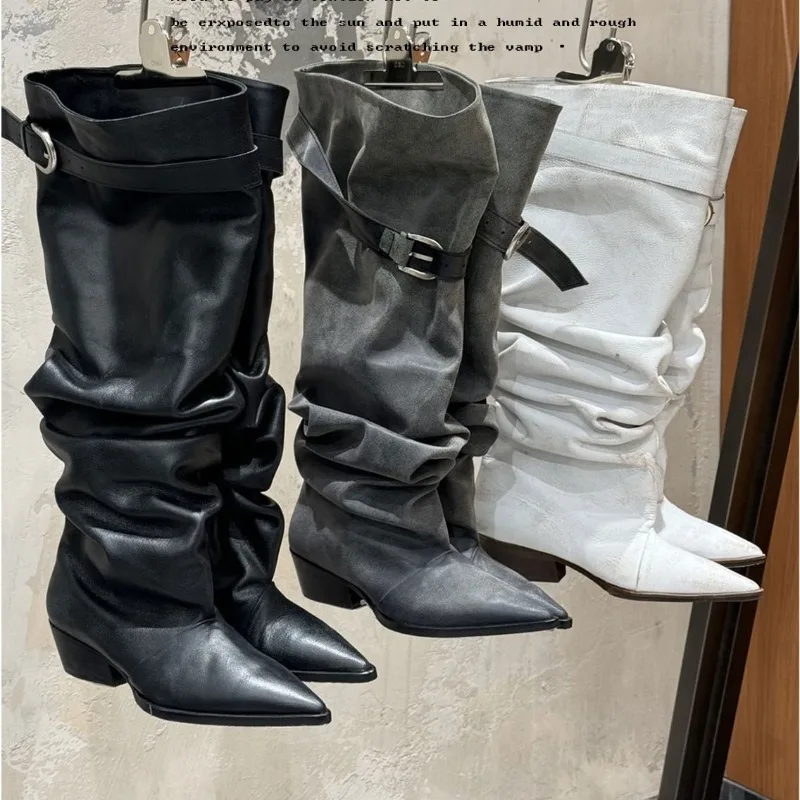 Fashion New Women's Shoes Retro Pointed Toe Knight Boots for Woman Exquisite Buckle Knee High Boot Designer Shoes Botas De Mujer