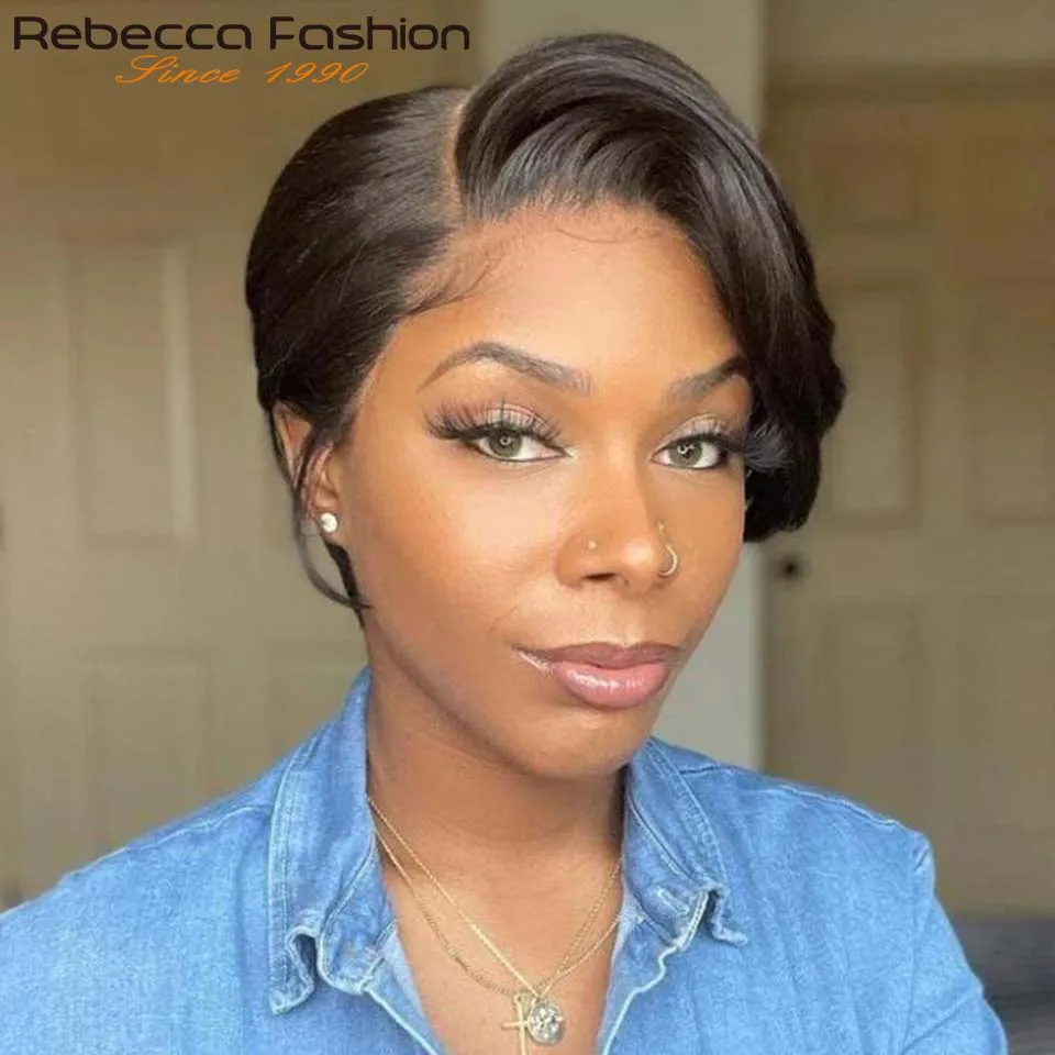 Short Cut Pixie Straight Bob T Part Lace Wig Remy Human Hair With Bangs For Women Pre Plucked Glueless Natural Color