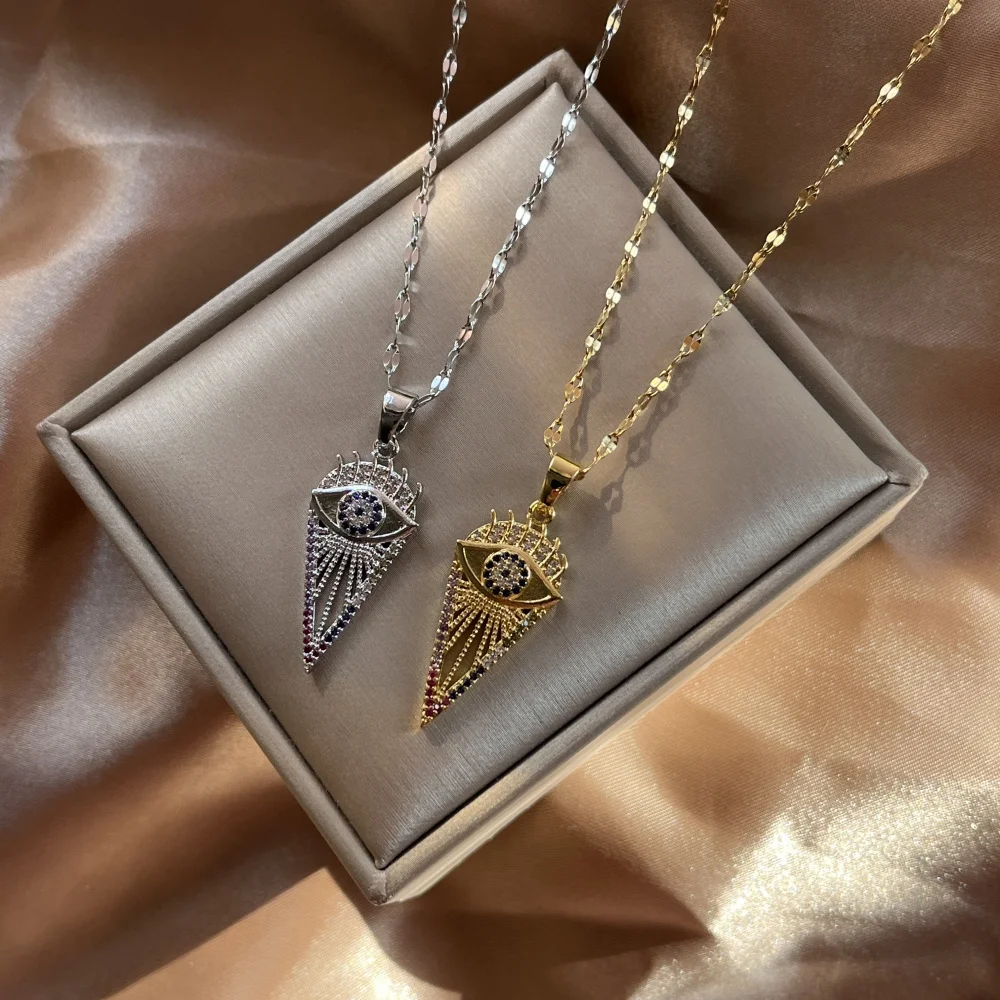 2025 New Hot Sale Cute CZ Shield Shaped Evil Eye Crystal Triangle Charms For Women CZ Turkish Necklace Amulet Jewelry Gifts