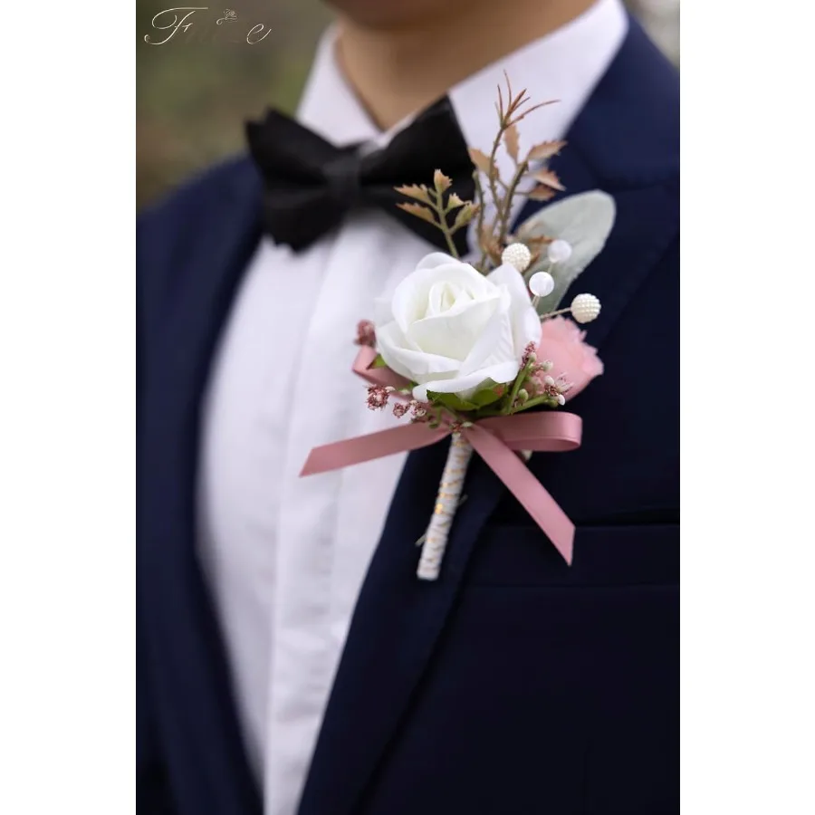 Boutonniere rosa para homens, 6 peças de flores artificiais para casamento, baile, evento de baile, detalhes florais elegantes e duráveis para groo