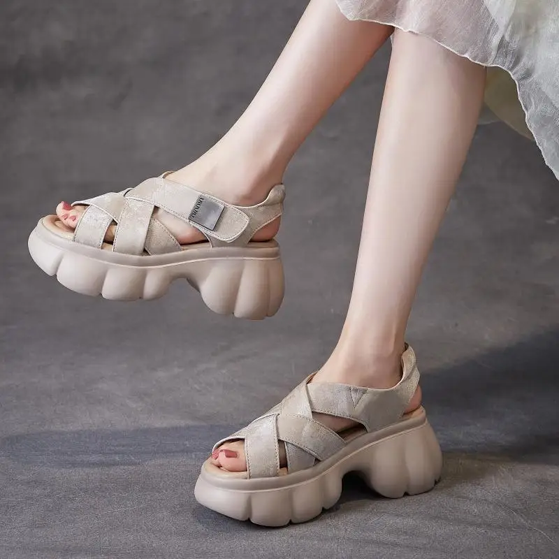 

2025 Summer Genuine Leather Shoes Women Platform Sandals Fashion Brand High Heels Ladies Party Shoes Heel 8cm D457