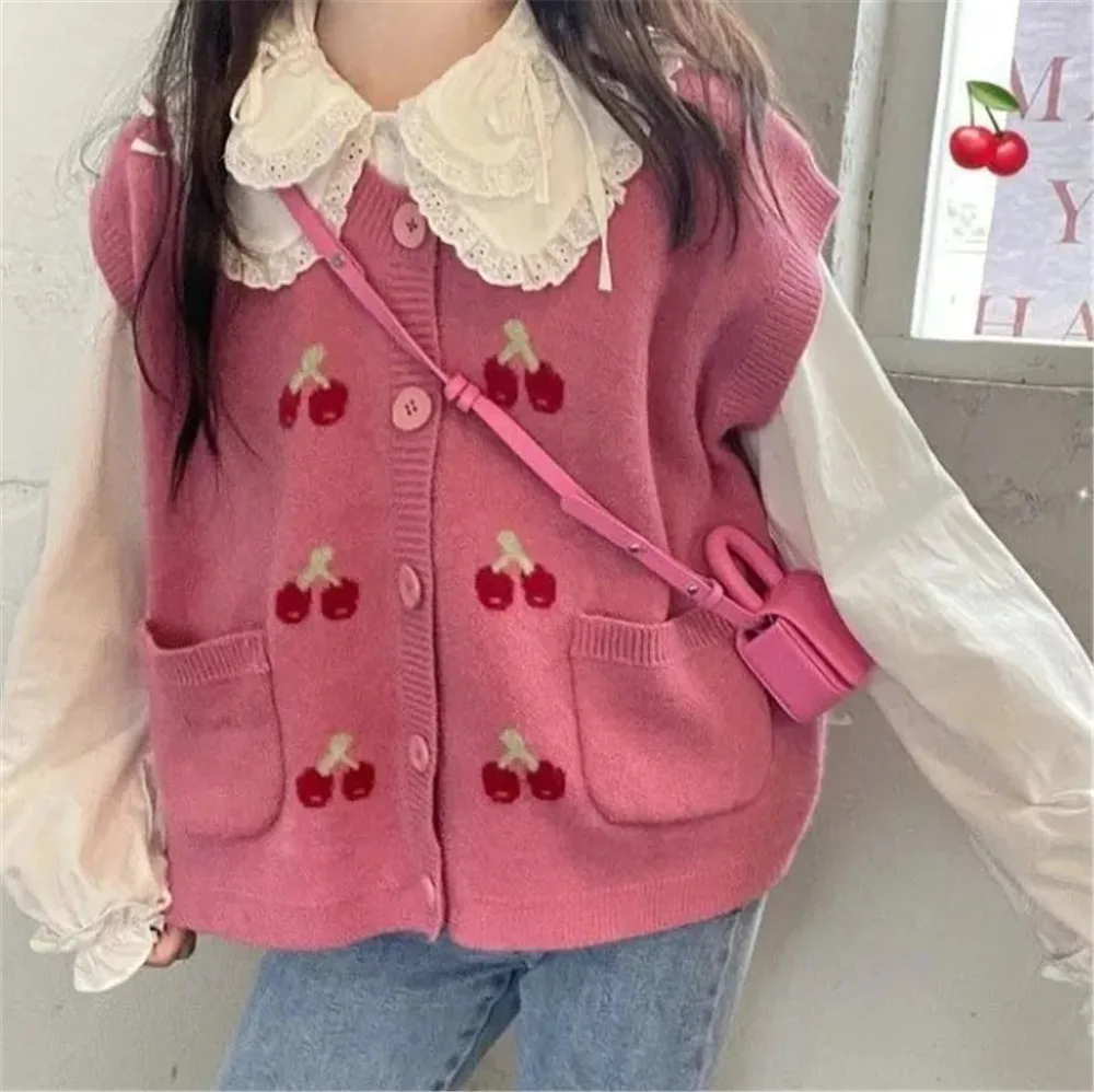 Vintage Cardigan 2024 New Prunus Pseudocerasus Sleeveless Single Breasted Oversized Knitted Vest Women Casually Y2k Clothing