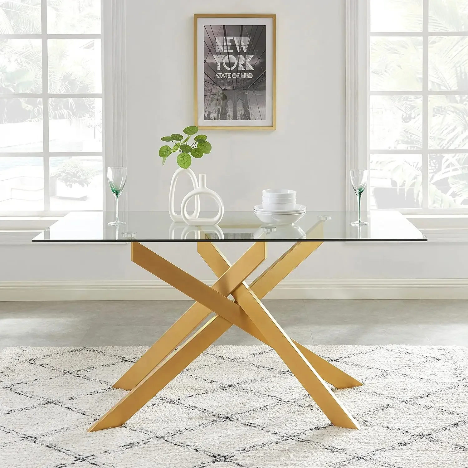 58.5” Rectangle Glass Dining Table, Tempered Glass Table Top and Metal Tubular Legs, Modern Style Table for Home, Kitchen