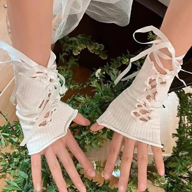 ผู้หญิง Kawaii Lolita Jk ลูกไม้ Fingerless ถุงมือ Gothic DIY สายรัดครีมกันแดดเสื้อผ้าอุปกรณ์เสริมตาข่ายยืดหยุ่น Punk ถุงมือ