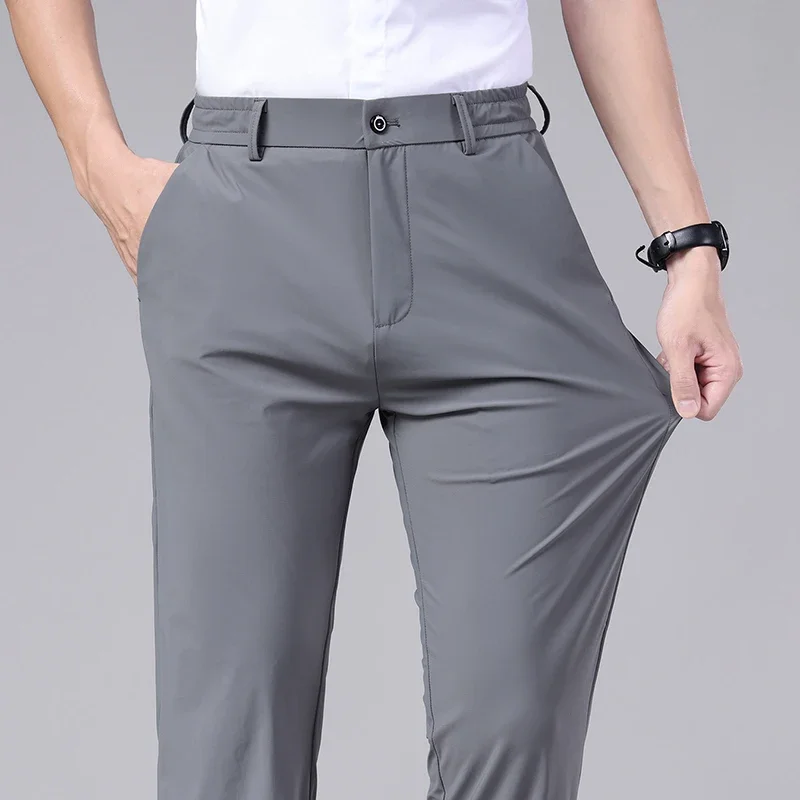 Men's Casual Pants Spring Summer Thin Business Slim Elastic Waist Trousers Korean Classic Stretch Black Gray Trousers Male