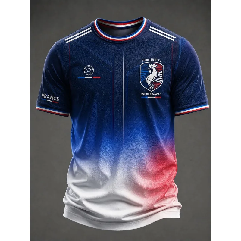 2026 Gradient Color Block France Soccer Jersey Sleeve Flag Badge Print Cool Air-Flow Keepsake T-Shirt For Daily Street OOTD