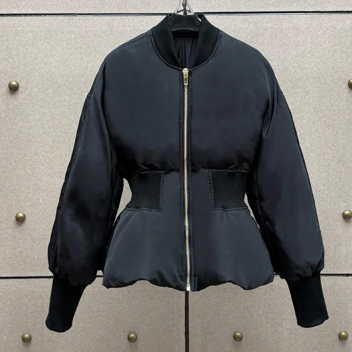 High Quality Women Fitted Waist Padded Jacket, Stand Collar Zipper Flared Hem Long Sleeve Coat