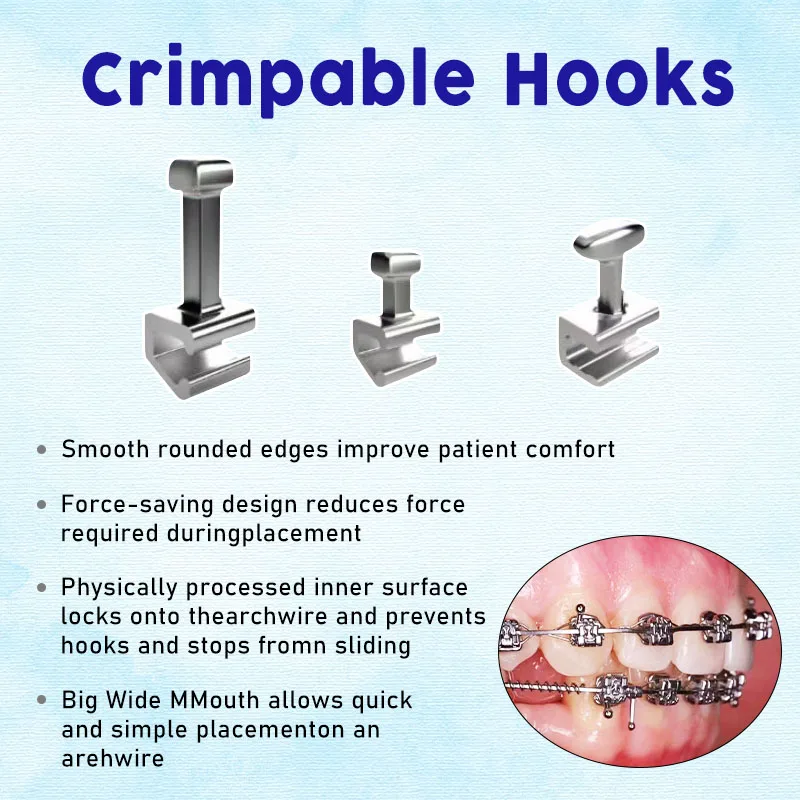 10ชิ้นตะขอเกี่ยวกับการจัดฟันแบบหนีบบนส่วนโค้งตะขอทันตกรรมแบบยาวที่สามารถยึดได้กับปุ่มภาษาหลอดกระพุ้งแก้ม