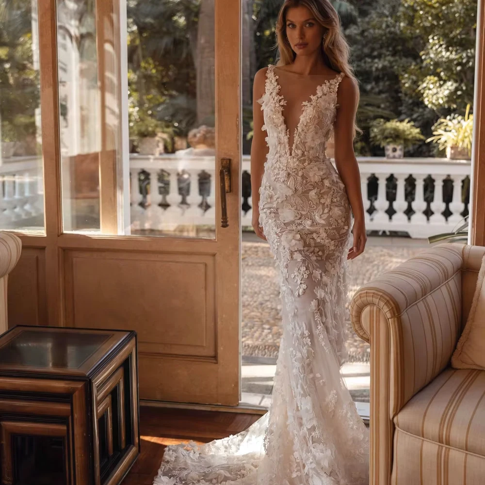 

Свадебное платье-русалка с индивидуальными кружевными аппликациями, 3D цветами, съемным шлейфом и глубоким V-образным вырезом