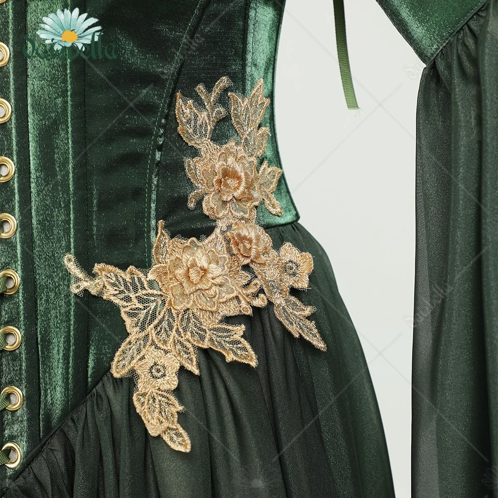 DAIZBELLA disfraz renacentista Medieval para mujer, estilo elfo, solo vestido verde con mangas, disfraz de Cosplay para Halloween