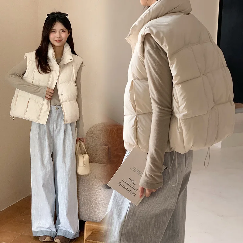 Solid Women Parkas Vest Coat Oversize Jacket Sleeveless Stand Collar Drawstring Hem Zipper Thick Loose Casual Autumn Winter 2025