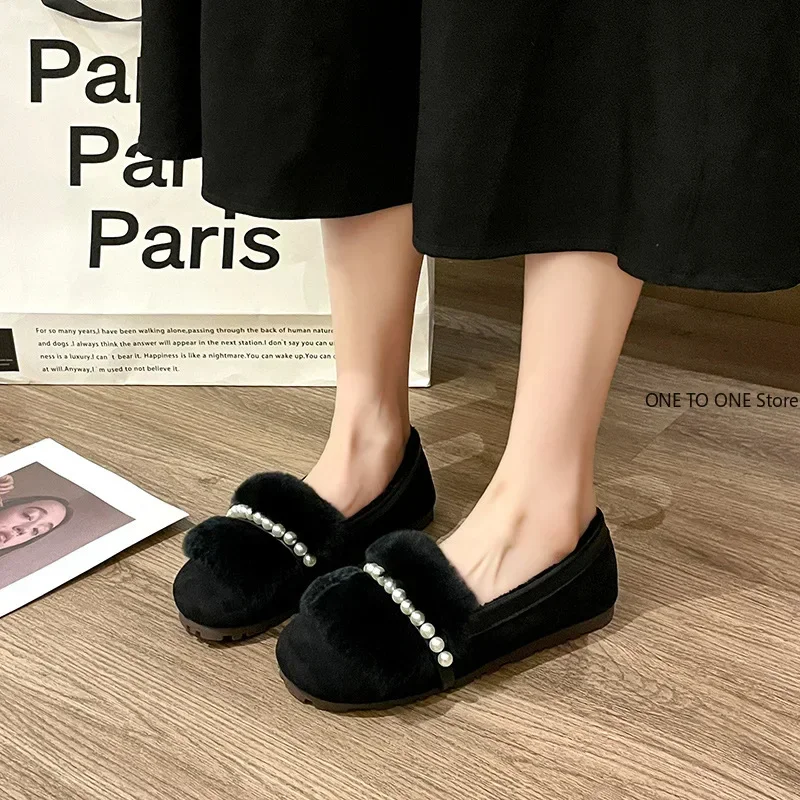 Pearl White Women Fur Round Toe Flats Slip on Shoes for Woman Winter Plush Warm Boots Femme Cotton Loafers Mary Jane Plus Size