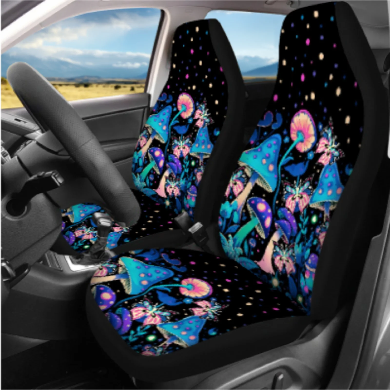 Coloranimal Mushroom Theme 14 Pcs Car Accessories Set with Anti-Fade Steering Wheel Cover and Auto Cup Coaster for SUV