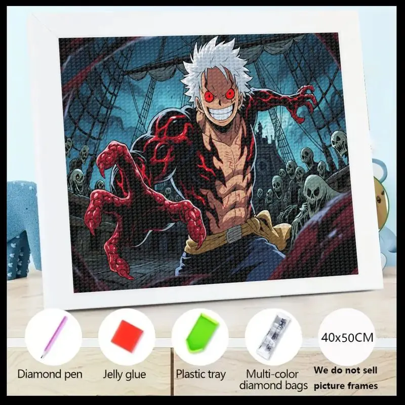 1 Kit de pintura de diamante de One Piece Luffy Gear 5, juego de arte DIY de Manga de Anime de taladro completo 5D, Luffy de ojos rojos feroz épico con calavera Sh