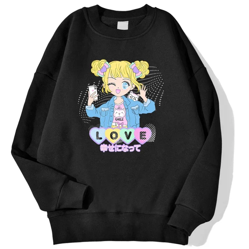 

A Lucky Day The Energetic Girl Printed Pullovers Men Autumn Warm Hooded Loose Soft Sweatshirts Crewneck Fashion Clothes