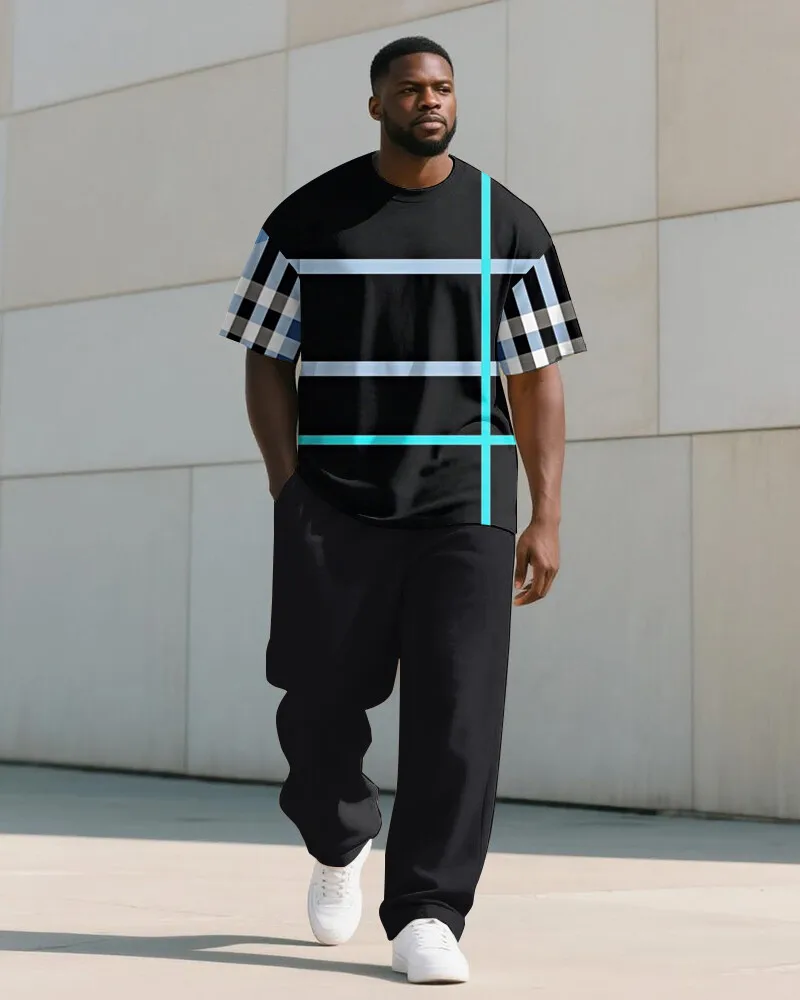 Men's Plus Size Striped T-Shirt with Plaid Sleeves and Long Pants Set, Short Sleeve Crew Neck, Casual Summer Wear, S-9XL