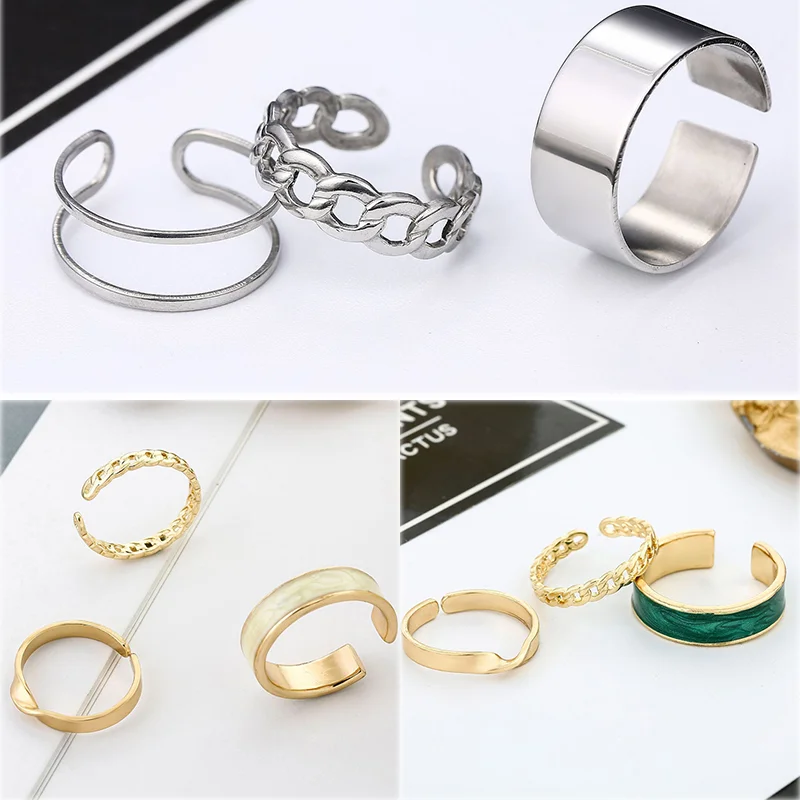 

Twist Chain Set Stainless Steel Rings For Women Vintage Geometric Hollow Open Adjustable Finger Rings Fashion Jewelry