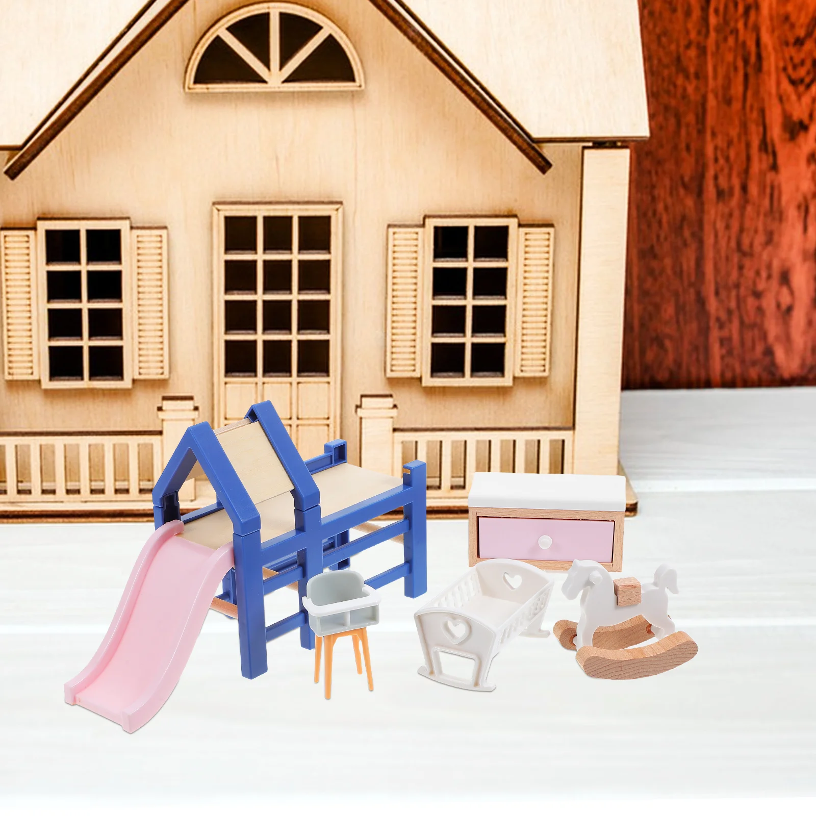 

1Set 1:12 Scale Pretend Play Nursery Furniture Set with Mini Cradle Slide Rocking Horse Stool for Kids Interactive Bedside Scene