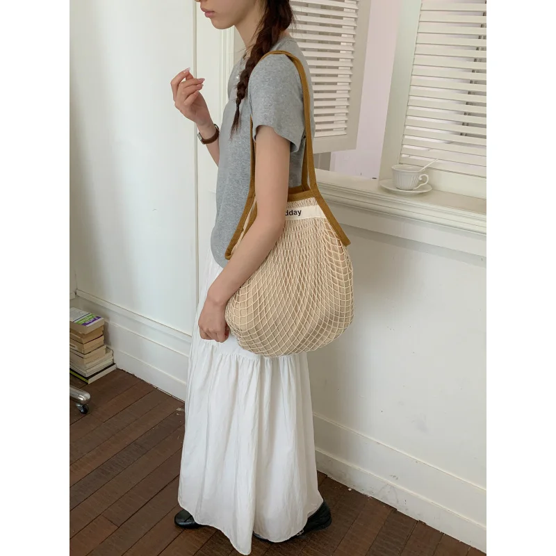 

Summer casual hollow mesh woven tote bag for women, beach bag for seaside vacation, large-capacity commuter shoulder bag