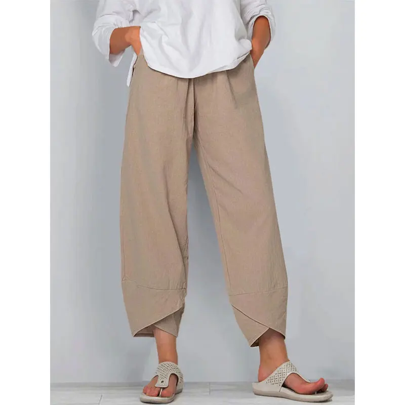 

Women Elastic Cotton Linen Loose Casual Long Wide Leg Pants