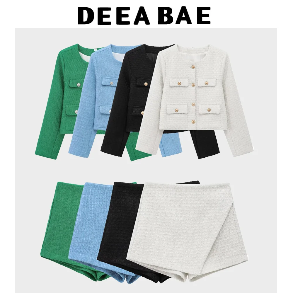 DEEABAE Spring Women's Clothing Textured Shoulder Pad Round Neck Long Sleeves Chanei Style Jacket Woolen Texture Skirt Pants