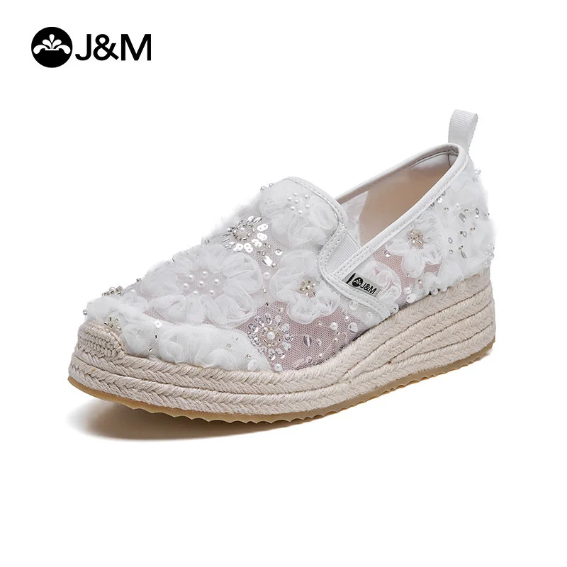 

Женские модные эспадрильи J&M 2026 на танкетке 5 см, весенне-летние лоферы с цветочным узором, дышащие, повседневные, на резиновой подошве, белые