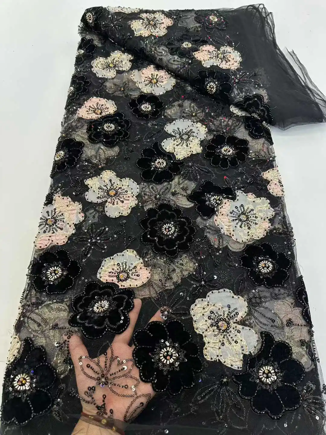 Velvet Lace Fabric French Tulle Embroidery Lace High Quality African Sequins Beads Fabric For Women Wedding Dresses