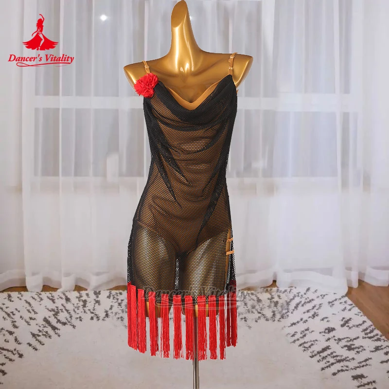 

Латинские платья без рукавов из сетки с бахромой, индивидуальный пошив, для взрослых женщин, для самбы, джайва, ча-ча-ча, для выступлений и соревнований, одежда для танцовщиц, придающая энергии.