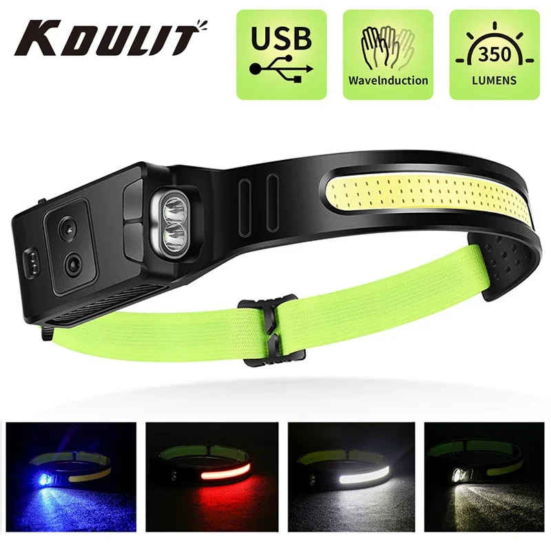 

KDULIT USB Rechargeable Headlamp COB LED Head Light Sensor Headlight Built In Battery Blue Yellow Light Reflective Camping Lamp