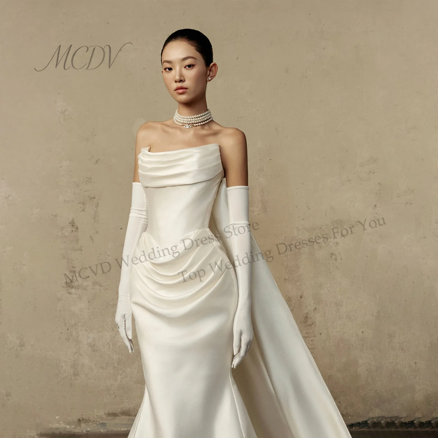 Strapless Ivory Wedding Dresses 2026 Elegant Satin Mermaid Party Dress With Train Pleated Vestidos De Novia Civil Customized