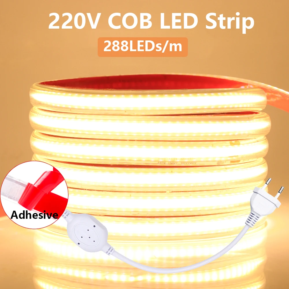 

220V Led Ribbon High Brightness 288LEDs/M Adhesive LED Tape Waterproof COB LED Strip Flexible Ribbon For Outdoor Garden Lights