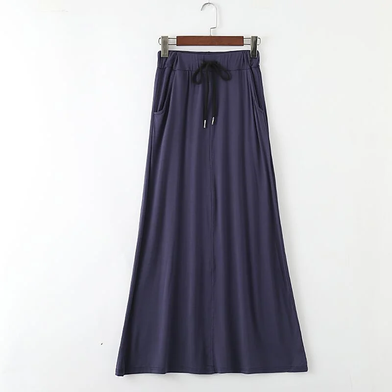 Summer Autumn Korean Tie Bow Long Skirts Women Elastic High Waist Pockets Modal Skirt Female A Line Big Swing Maxi Skirt Saia