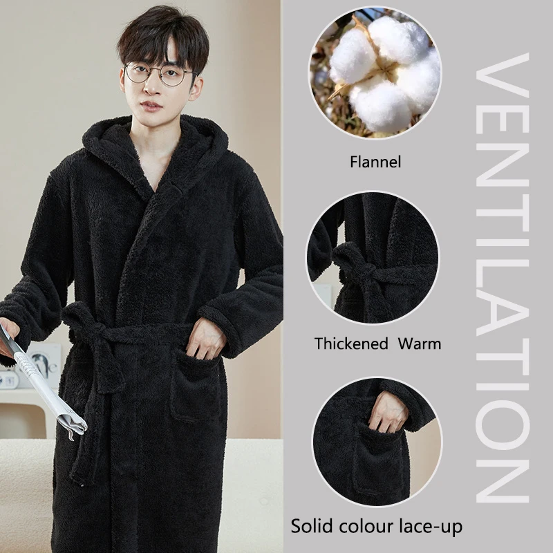 Bathrobe Woman Shower Couple Pyjamas Nightgown Women Homewear Hooded Men Winter Thickened Long Flannel Suit Easy to Clean Black