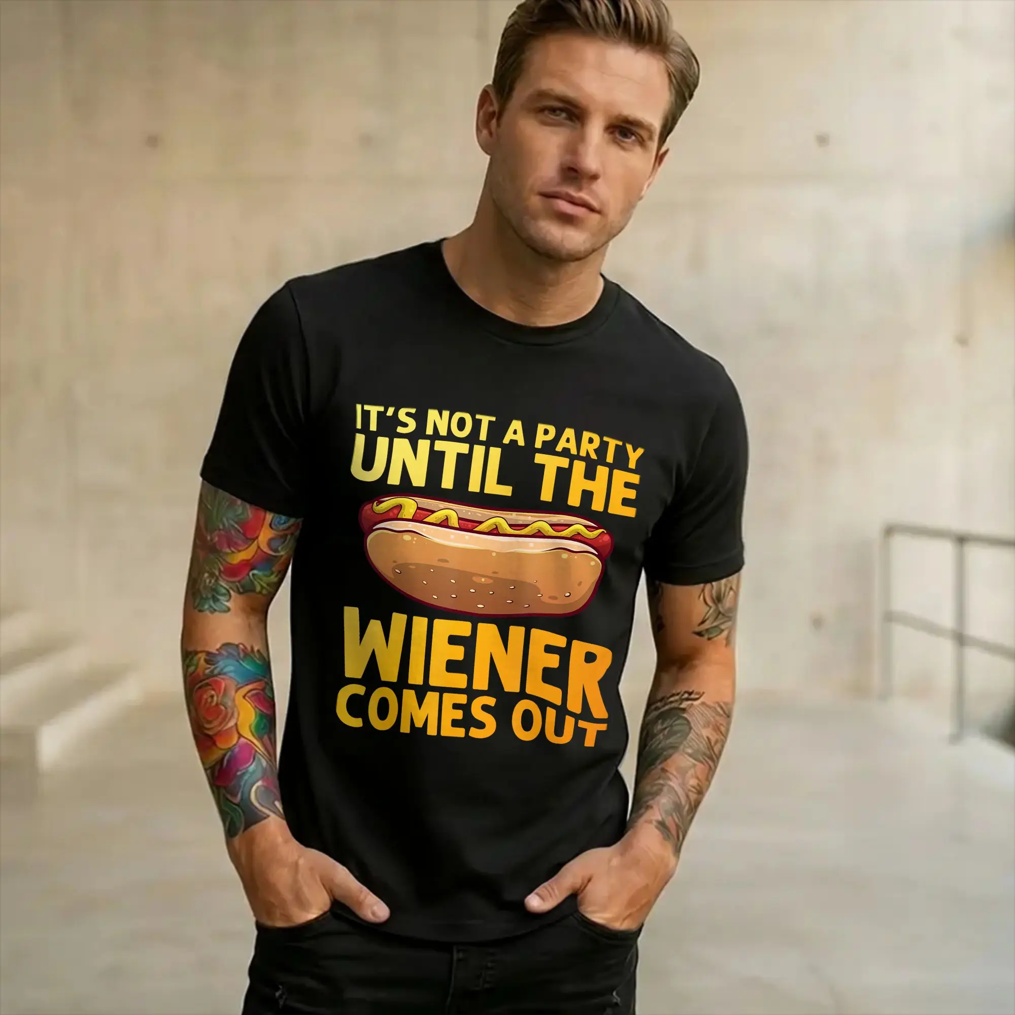 Funny Hot Dog Design Stand Gag  Accessories Unisex T Shirt Pure Cotton Tee Print  T-shirt Clothing