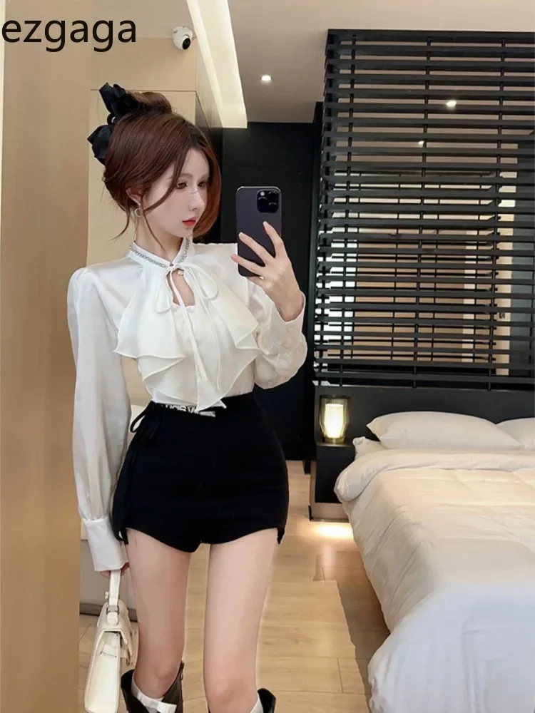 Ezgaga Shirts Women Ruffles Patchwork Autumn Fashion Long Sleeve chic Hollow Out Bandage Blouse Female Elegant Sexy Tops