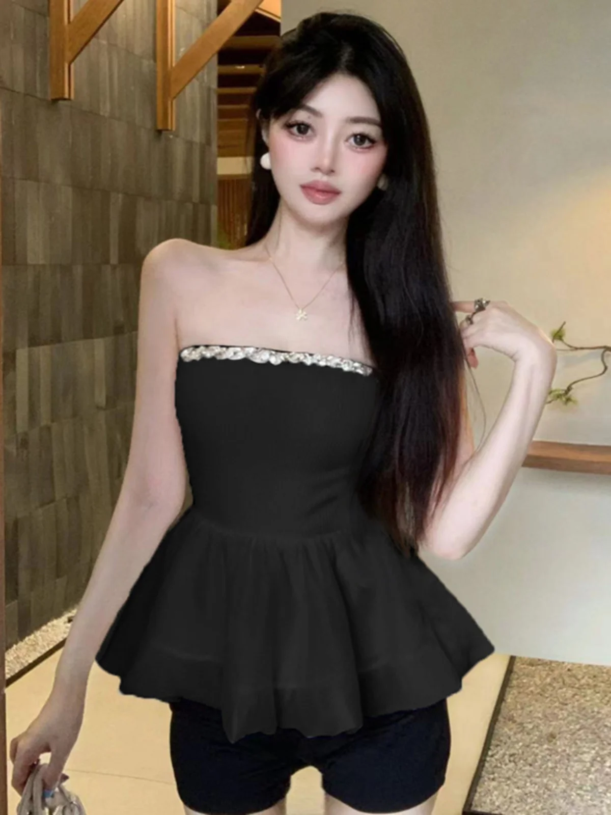 Korejpaa Sexy Off Shoulder Strapless Women Clothes Elegant Diamond Slim Waist Tank Top Fluffy Flower Bud Sleeveless Solid Top