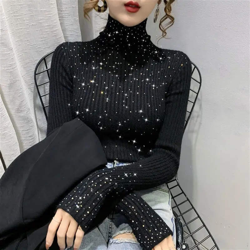 Luxury Shiny Rhinestone Sweater Fall Winter Slim Thin Knitted Bottoming Shirts Turtleneck Pullovers Sequined Undershirts Tops