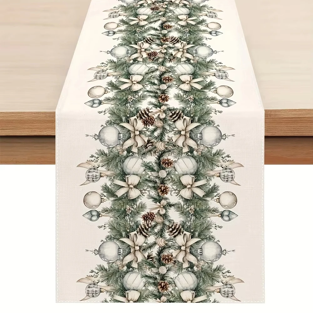1 Christmas Ornament Pine Cone Printed Table Runner Vintage Green Beige Wreath Pattern Decor for Holiday Gathering Festive Decor
