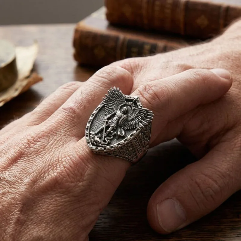 

Buy 5 Get 1 Free SheCrown 3D 30x24mm Saint Archangel Michael Serpent shield Wings Sword Mens Present Silver Rings