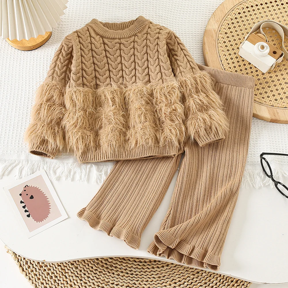 New Knitting Velvet Round Neck Bell Bottoms Suit Pullover Long Sleeves Kawaii Children's Clothing Girls Sweater Autumn Winter